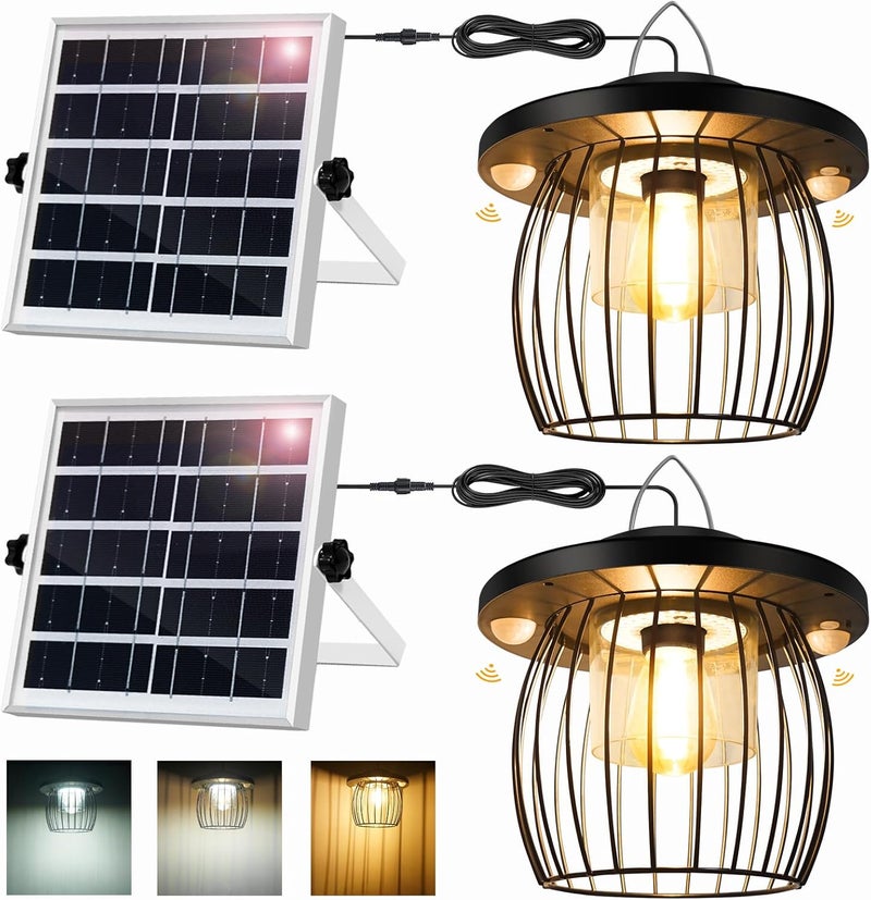ladate Solar Shed Lights with 2 Motion Sensors, Classic Metal Solar Chandelier Outdoor with 5 Lighting Modes, Waterproof Pendant Lamp with Remote Control for Gazebo, Garden, Patio, Barn(16.4FT Cord, 2 Pack) - Image 1